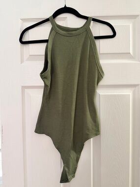 American Eagle Outfitters Olive Ribbed Halter-Style Bodysuit